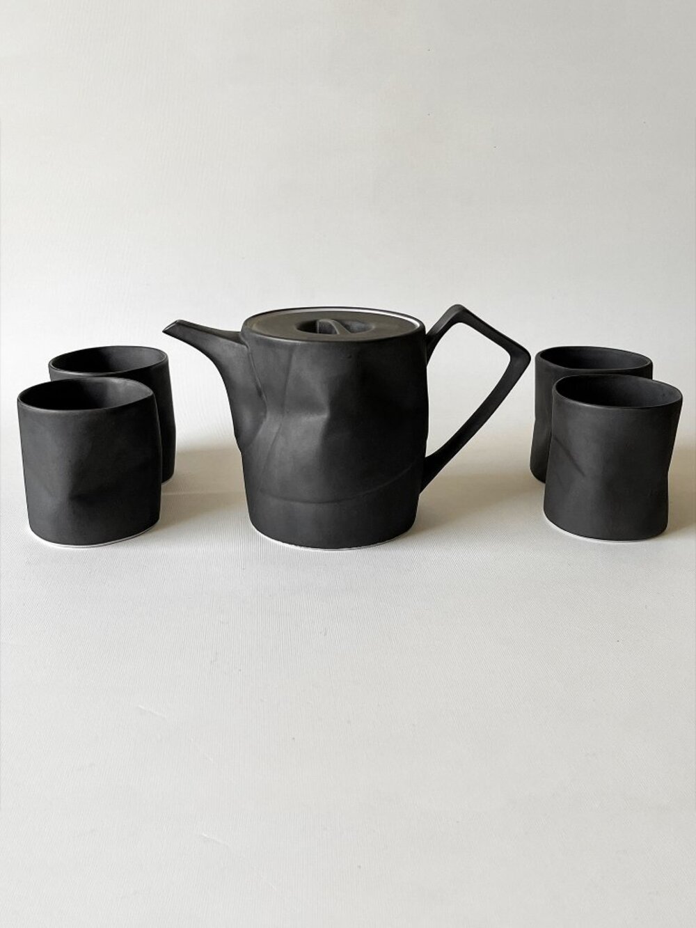 Handmade Sculptural Ceramic Teapot Cup Set Modern Crumpled Geometric Matte Black